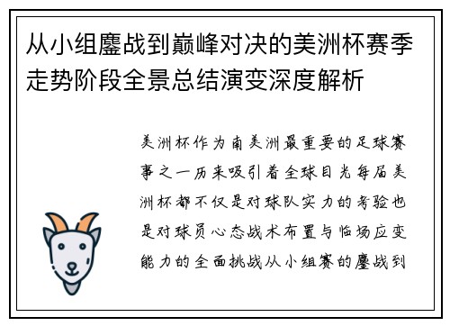 从小组鏖战到巅峰对决的美洲杯赛季走势阶段全景总结演变深度解析